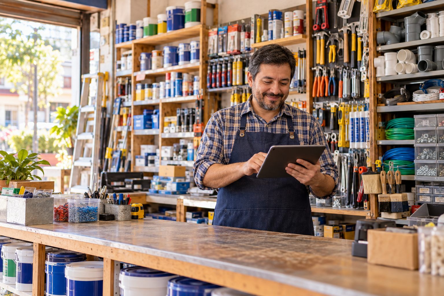 Ferretero revisando los productos de su negocio con una tablet